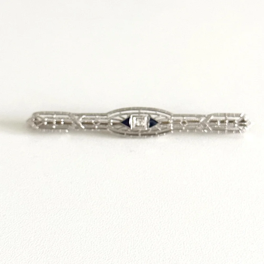 Antique 14K Solid White Gold Sapphire & Diamond Intricate Detail Bar Brooch Pin
